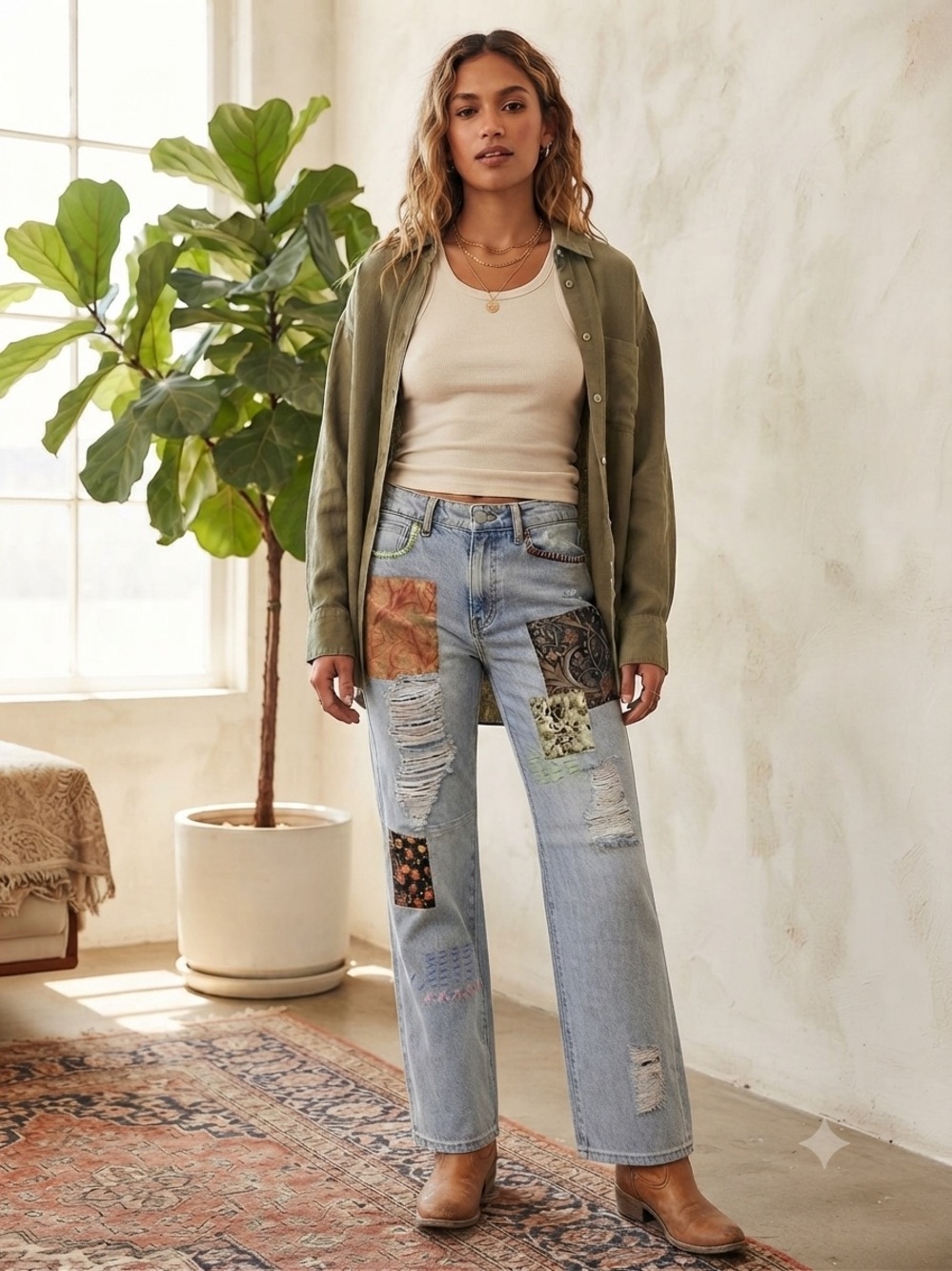 BDG Boho Dream: high rise  Straight-Leg Patchwork Denim size 27 cowboy jean - Picture 2 of 11